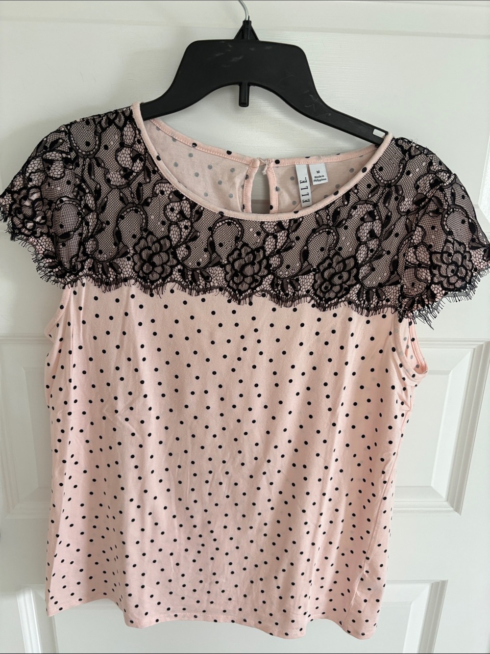 Elle Pink Polka Dot Top with Black Lace Yoke